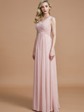 A-Line/Princess V-neck Sleeveless Ruched Floor-Length Chiffon Bridesmaid Dresses TPP0005343