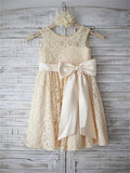 A-line/Princess Sleeveless Scoop Bowknot Knee-Length Lace Flower Girl Dresses TPP0007627