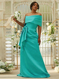 Sheath/Column Satin Ruched One-Shoulder Sleeveless Sweep/Brush Train Bridesmaid Dresses TPP0004923