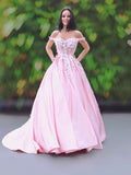 A-Line/Princess Satin Applique Off-the-Shoulder Sleeveless Sweep/Brush Train Dresses TPP0001446