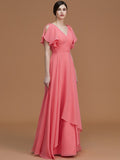 A-Line/Princess V-neck Short Sleeves Floor-Length Ruched Chiffon Bridesmaid Dresses TPP0005041