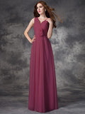 A-line/Princess V-neck Hand-Made Flower Sleeveless Long Chiffon Bridesmaid Dresses TPP0005784