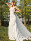 Sheath/Column Satin Ruched Scoop Sleeveless Sweep/Brush Train Wedding Dresses TPP0006592