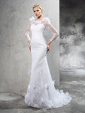 Sheath/Column Sheer Neck Hand-Made Flower Long Sleeves Long Satin Wedding Dresses TPP0006923