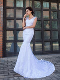 Trumpet/Mermaid V-neck Applique Sleeveless Long Satin Wedding Dresses TPP0006208