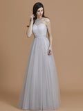 A-Line/Princess Halter Sleeveless Floor-Length Ruffles Tulle Bridesmaid Dresses TPP0005376