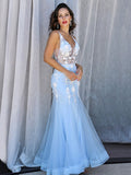 Trumpet/Mermaid Tulle V-neck Sleeveless Applique Floor-Length Dresses TPP0001554