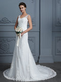 Trumpet/Mermaid V-neck Sleeveless Lace Court Train Tulle Wedding Dresses TPP0006742