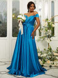 A-Line/Princess Silk like Satin Ruffles Off-the-Shoulder Sleeveless Sweep/Brush Train Bridesmaid Dresses TPP0004978