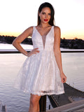 A-Line/Princess Lace Applique V-neck Sleeveless Short/Mini Homecoming Dresses TPP0004821