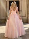 A-Line/Princess Tulle Applique V-neck Long Sleeves Floor-Length Dresses TPP0004855