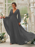 A-Line/Princess Chiffon Ruffles V-neck Long Sleeves Sweep/Brush Train Bridesmaid Dresses TPP0004894