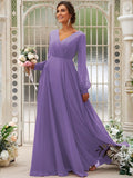 A-Line/Princess Chiffon Ruched V-neck Long Sleeves Floor-Length Bridesmaid Dresses TPP0004950