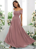 A-Line/Princess Chiffon Ruched Off-the-Shoulder Sleeveless Floor-Length Bridesmaid Dresses TPP0004920