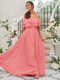 A-Line/Princess Chiffon Ruffles Off-the-Shoulder Sleeveless Floor-Length Bridesmaid Dresses TPP0004914