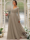 A-Line/Princess Chiffon Ruched V-neck Long Sleeves Floor-Length Bridesmaid Dresses TPP0004950