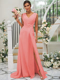 A-Line/Princess Chiffon Ruched V-neck Sleeveless Sweep/Brush Train Bridesmaid Dresses TPP0004916