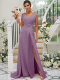 A-Line/Princess Chiffon Ruched V-neck Sleeveless Sweep/Brush Train Bridesmaid Dresses TPP0004916