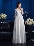 A-Line/Princess Scoop Applique 3/4 Sleeves Long Elastic Woven Satin Mother of the Bride Dresses TPP0007198