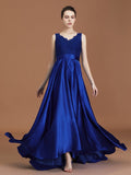 A-Line/Princess V-neck Sleeveless Satin Asymmetrical Lace Bridesmaid Dress TPP0005532