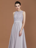 A-Line/Princess Scoop Lace Floor-Length Ruched Chiffon Bridesmaid Dress TPP0005643