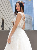 A-Line/Princess Tulle Applique V-neck Sleeveless Floor-Length Wedding Dresses TPP0006313