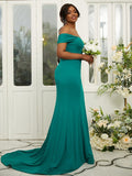 Sheath/Column Jersey Ruffles Off-the-Shoulder Sleeveless Sweep/Brush Train Bridesmaid Dresses TPP0004980