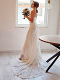 Sheath/Column Lace Applique Spaghetti Straps Sleeveless Court Train Wedding Dresses TPP0005976