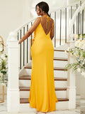 Sheath/Column Jersey Ruched Spaghetti Straps Sleeveless Sweep/Brush Train Bridesmaid Dresses TPP0004988