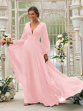 A-Line/Princess Chiffon Ruffles V-neck Long Sleeves Sweep/Brush Train Bridesmaid Dresses TPP0004894