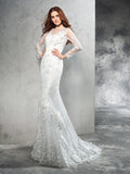 Sheath/Column Sheer Neck Lace Long Sleeves Long Net Wedding Dresses TPP0006518