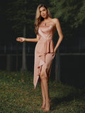 Sheath/Column Charmeuse Ruffles Strapless Sleeveless Tea-Length Bridesmaid Dresses TPP0004995