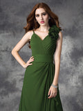 A-line/Princess V-neck Hand-Made Flower Sleeveless Long Chiffon Bridesmaid Dresses TPP0005771