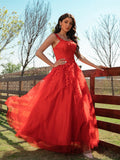 A-Line/Princess Tulle Applique Off-the-Shoulder Sleeveless Floor-Length Dresses TPP0001443