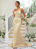 Sheath/Column Charmeuse Ruched Square Sleeveless Sweep/Brush Train Bridesmaid Dresses TPP0004912