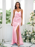 Sheath/Column Elastic Woven Satin Ruched Spaghetti Straps Sleeveless Sweep/Brush Train Bridesmaid Dresses TPP0004935