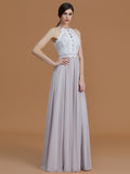 A-Line/Princess Halter Sleeveless Floor-Length Lace Chiffon Bridesmaid Dresses TPP0005137