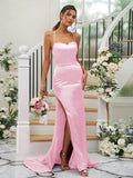 Sheath/Column Elastic Woven Satin Ruched Square Sleeveless Sweep/Brush Train Bridesmaid Dresses TPP0004933