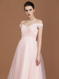 A-Line/Princess Short Sleeves Lace Spaghetti Straps Ruched Sweetheart Floor-Length Tulle Bridesmaid Dresses TPP0005826