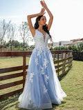 A-Line/Princess Tulle Applique V-neck Sleeveless Sweep/Brush Train Dresses TPP0001441