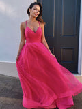 A-Line/Princess Tulle V-neck Ruched Sleeveless Sweep/Brush Train Dresses TPP0004756