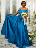 A-Line/Princess Silk like Satin Ruffles Off-the-Shoulder Sleeveless Sweep/Brush Train Bridesmaid Dresses TPP0004978