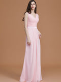 A-Line/Princess V-neck Sleeveless Floor-Length Ruched Chiffon Bridesmaid Dresses TPP0005284