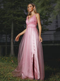 A-Line/Princess Tulle Ruffles V-neck Sleeveless Sweep/Brush Train Bridesmaid Dresses TPP0005008