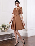 Sheath/Column V-neck Half Sleeves Pleats Taffeta Bridesmaid Dresses TPP0005658