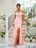 Sheath/Column Stretch Crepe Ruched Off-the-Shoulder Sleeveless Sweep/Brush Train Bridesmaid Dresses TPP0004926