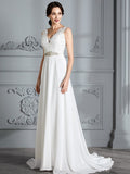 A-Line/Princess Sleeveless V-neck Sweep/Brush Train Chiffon Wedding Dresses TPP0006487