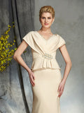 Sheath/Column V-neck Beading Short Sleeves Long Silk like Satin Mother of the Bride Dresses TPP0007271