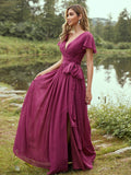 A-Line/Princess Chiffon Ruffles V-neck Short Sleeves Floor-Length Bridesmaid Dresses TPP0004981