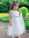 A-Line/Princess Tulle Lace Scoop Sleeveless Tea-Length Flower Girl Dresses TPP0007477